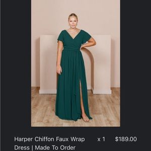 Emerald green floor length, chiffon dress with short sleeves